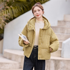 现货白鸭绒2025年冬季连帽宽松千鸟格羽绒服图片