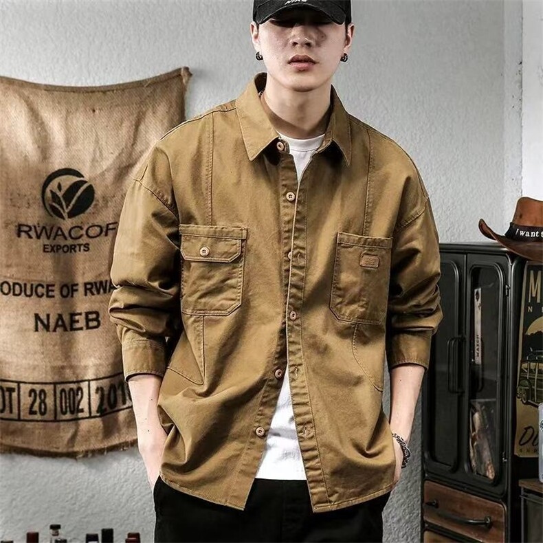 潮牌简约休闲男士翻领工装长袖春秋季新品时尚工装衬衫上衣图片