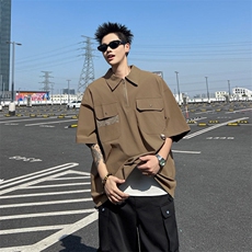 夏季新款半拉链翻领短袖男士潮牌口袋工装POLO衫宽松上衣，男装Polo衫，星座410-7