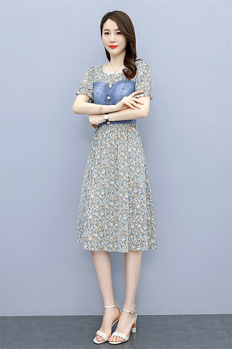 汉派鑫源时尚拼接牛仔连衣裙女2025新款夏季微胖身材收腰牛仔裙子,女装连衣裙,涵亦佰惠
