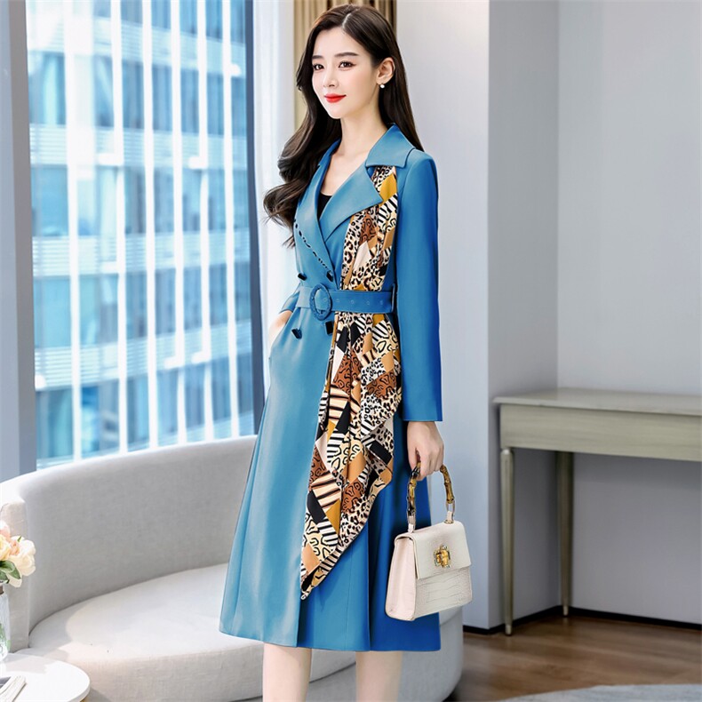 外贸出口尾单大牌剪标女尾货撤柜商场牛货气质翻领收腰风衣配丝巾，女装风衣，时尚俏佳人