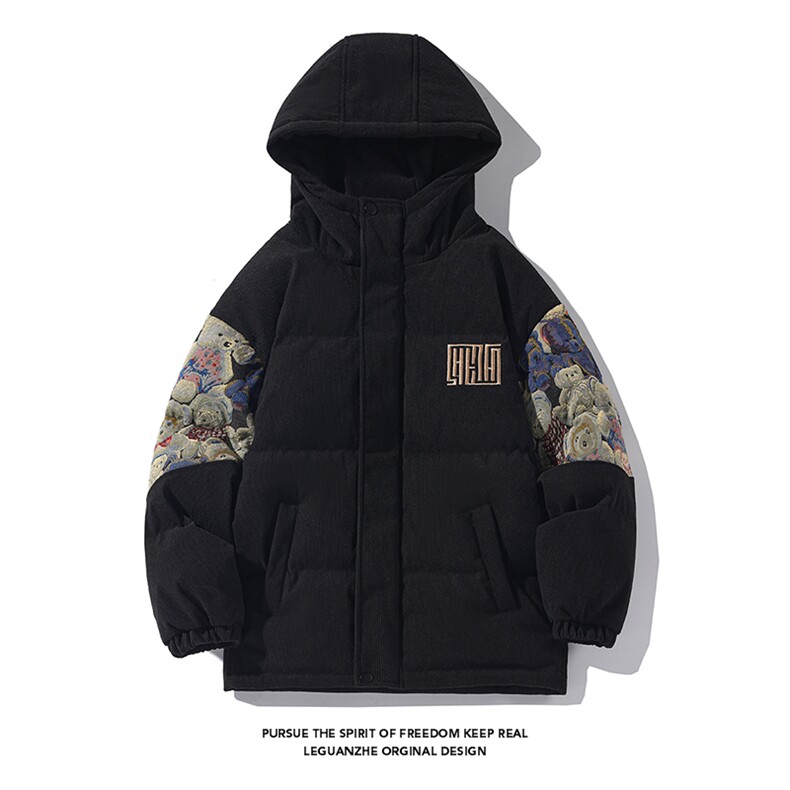 2025冬季新款港风白底大码绣花小熊棉衣M-5XHM23927-特P105,男装棉衣,电商A022