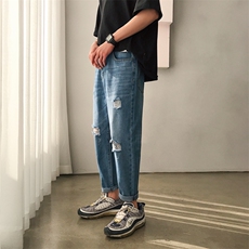 夏季破洞牛仔裤男港风简约百搭宽松直筒老爹九分裤男N/，男装牛仔裤，电商D202