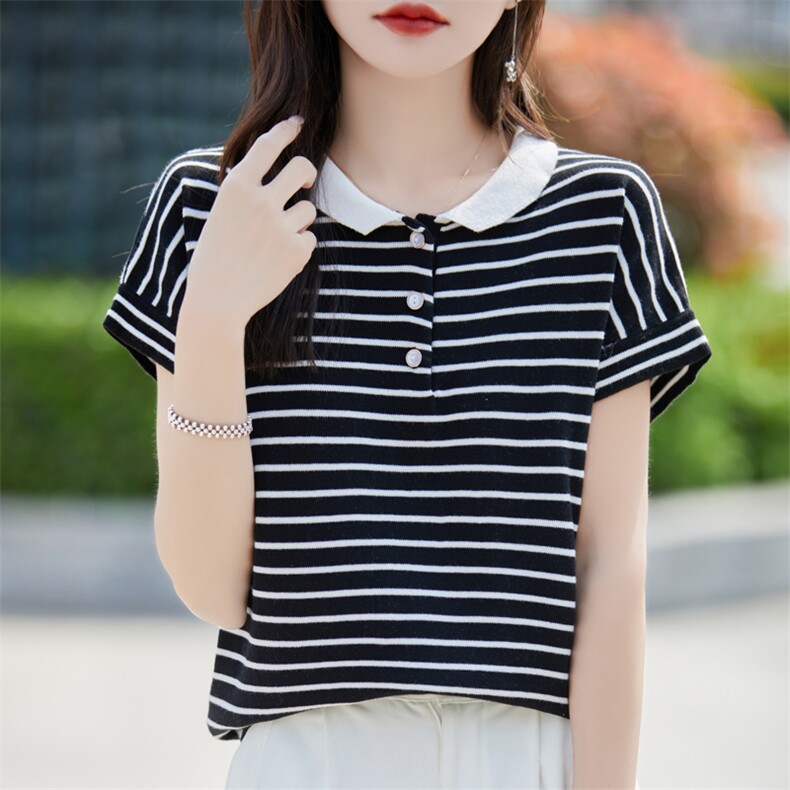 夏装Polo领条纹纯棉针织短袖T恤女洋气减龄显瘦百搭半袖打底上衣,针织衫/毛衣,彩羽羊绒