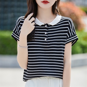夏装Polo领条纹纯棉针织短袖T恤女洋气减龄显瘦百搭半袖打底上衣图片