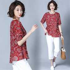 时尚潮流舒适蕾丝衫/雪纺衫2024年夏季花版不规则短袖圆领气质，女装蕾丝衫/雪纺衫，风姿绰