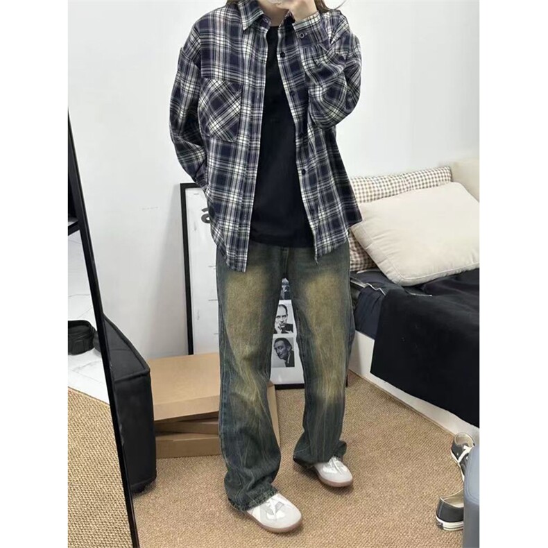 网图有货藏青色休闲格子衬衫男女美式复古长袖衬衣外套A1017-P25,男装衬衫,星座1505