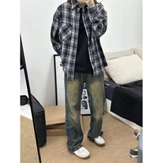 网图有货藏青色休闲格子衬衫男女美式复古长袖衬衣外套A1017-P25，男装衬衫，星座1505