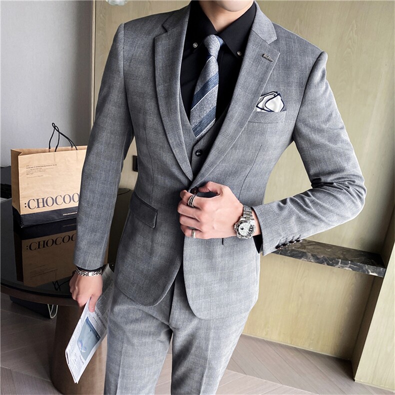 西服套装三件套男士商务休闲正装外套修身宴会结婚礼服格子小西装,男装西服套装,星座505-2（原电商A260-1)
