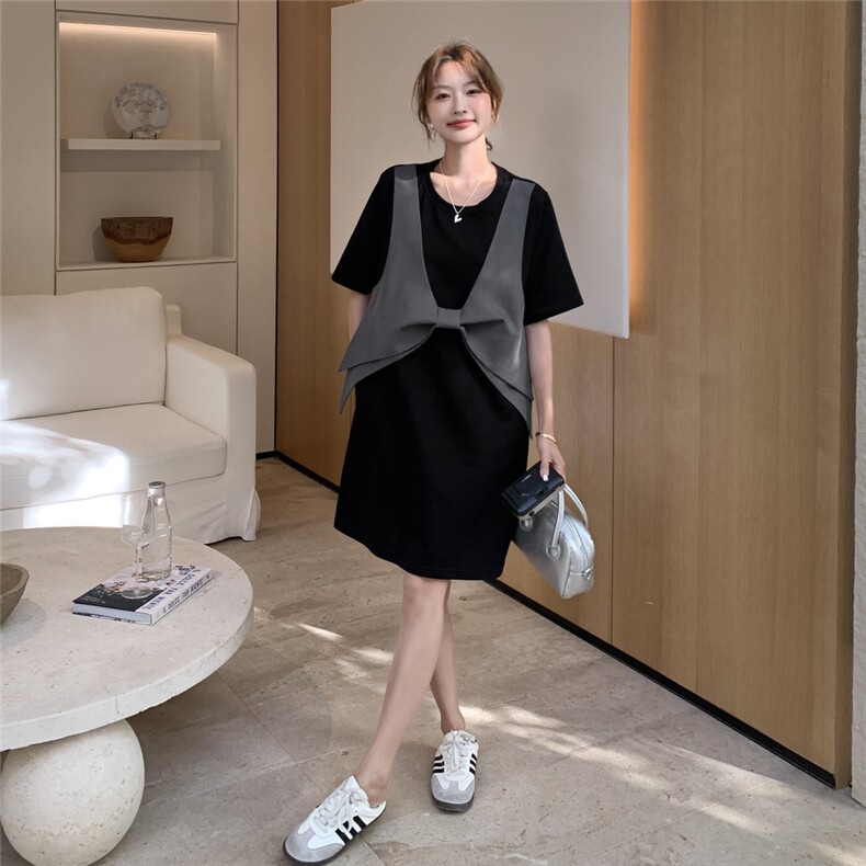 设计感蝴蝶结假两件连衣裙女夏2025小个子淡人减龄休闲黑色T恤裙,女装连衣裙,2C258