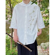 2025夏季新款新中式大码男装现货！中袖衬衫竹叶刺绣盘扣T29-P65，男装衬衫，电商A021