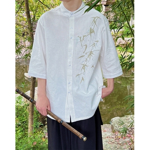 2025夏季新款新中式大码男装现货！中袖衬衫竹叶刺绣盘扣T29-P65图片