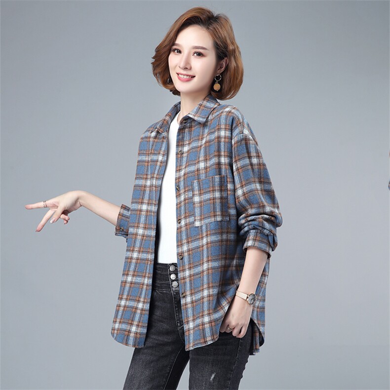 格子衬衫女长袖保暖冬2021春秋新款宽松加厚百搭打底衫衬衣多色可选,女装衬衫,伊满意