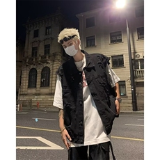 美式高街水洗破洞牛仔马甲男生秋季潮牌宽松潮流毛边工装无袖坎肩，男装背心/马甲，星座302B-2
