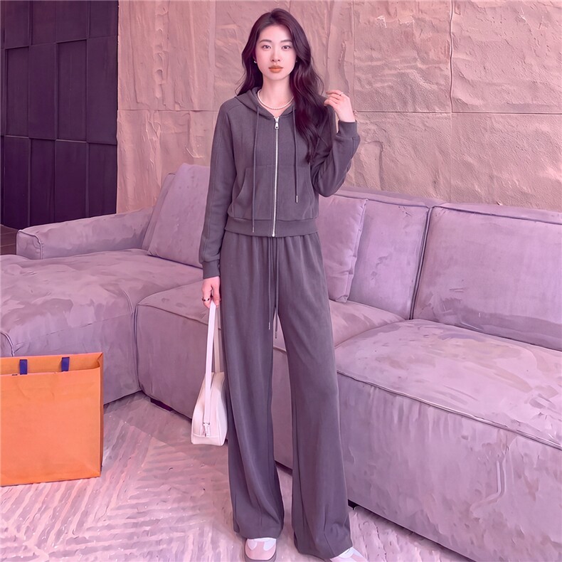 女春秋新款时尚慵懒风套装灰色拉链开衫连帽长袖外套阔腿裤两件套,女装套装/套裙,江南