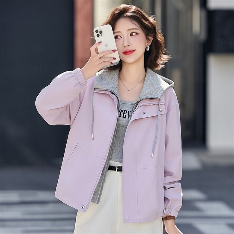 （现货）时尚假两件连帽短外套女新款宽松减龄上衣,女装短外套,韩蔻秀