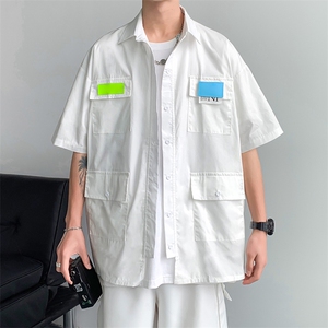 简约口袋工装五分袖衬衫男大码宽松胖子夏季街头上衣W2425-P35,下半身胖的人穿搭图片