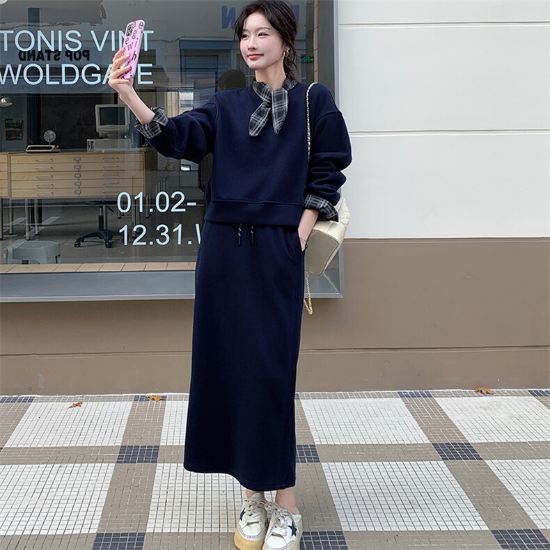 藏青色复古休闲卫衣裙女夏2025新款韩版短袖T恤及踝半身裙两件套，女装套装/套裙，姿衣轩