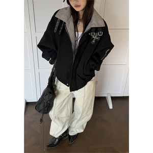 十字架贴皮刺绣翻领外套2026新款男女潮牌宽松撞色拼接夹克JY073图片