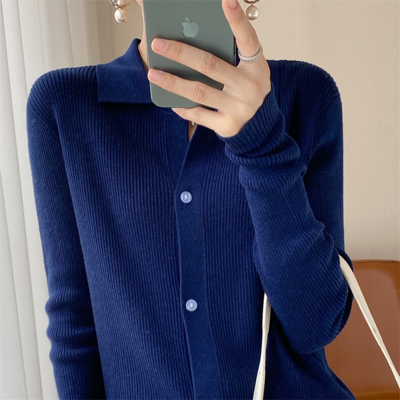 高级感Polo领抽条羊毛针织开衫女宽松百搭春秋毛衣外套上衣薄衬衫,针织衫/毛衣,雪真羊绒
