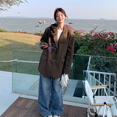 咖色美拉德印花西服上衣女2025春秋新款韩版休闲显瘦气质西装外套，女装西装，2C031
