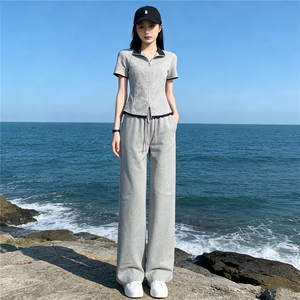 欧货时尚休闲运动套装女夏新款简约立领拼短袖上衣直筒长裤两件套图片