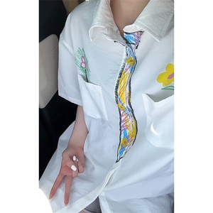 特批P28无差价夏季趣味蜡笔创意涂鸦领带宽松百搭短袖衬衫CD5510图片