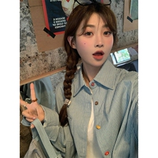 TC525-P45复古撞色条纹衬衫polo领长袖上衣薄款开衫衬衣，女装衬衫，星座617A-2