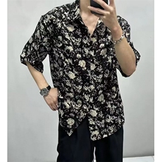 日系港风夏季短袖花衬衫男女复古痞帅夏威夷沙滩情侣宽松衬衣，男装T恤，星座506A