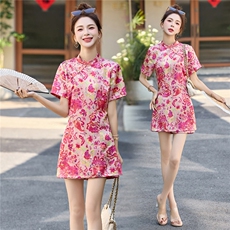 新中式印花连衣裙短裤套装女夏2025新款小个子国风旗袍裙子两件套，女装套装/套裙，贵人树