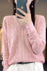 春秋精纺羊毛衫女V领蕾丝镂空珍珠扣毛衣桑蚕丝针织衫上衣打底衫，女装羊毛衫，朝贺羊绒