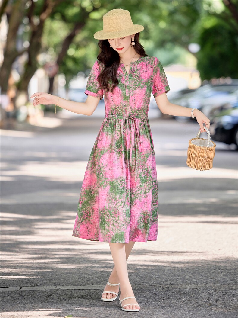 温柔甜美印花棉麻短袖连衣裙女2026夏季薄款舒适系带收腰气质长裙,女装连衣裙,倪叶myz