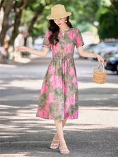 温柔甜美印花棉麻短袖连衣裙女2026夏季薄款舒适系带收腰气质长裙，女装连衣裙，倪叶myz