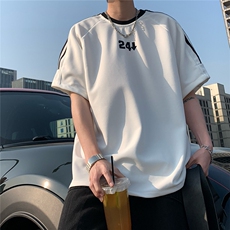 2026夏装新款薄款织带拼接短袖印花五分袖T恤T6606/特P30白色5，男装T恤，电商A094
