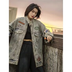 JK8615-P65美式高街水洗做旧牛仔外套男女秋季，男装工装外套，电商B323A