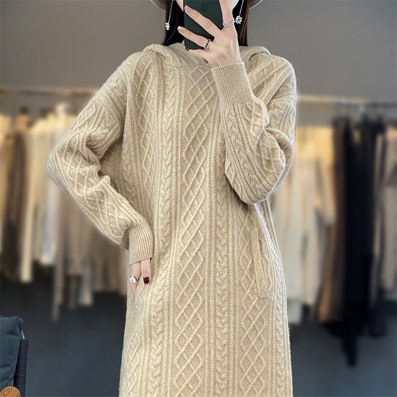 25秋冬羊绒毛衣中长款连衣裙女过膝羊毛针织毛衣裙打底连帽长裙，女装连衣裙，蒙莲贝斯