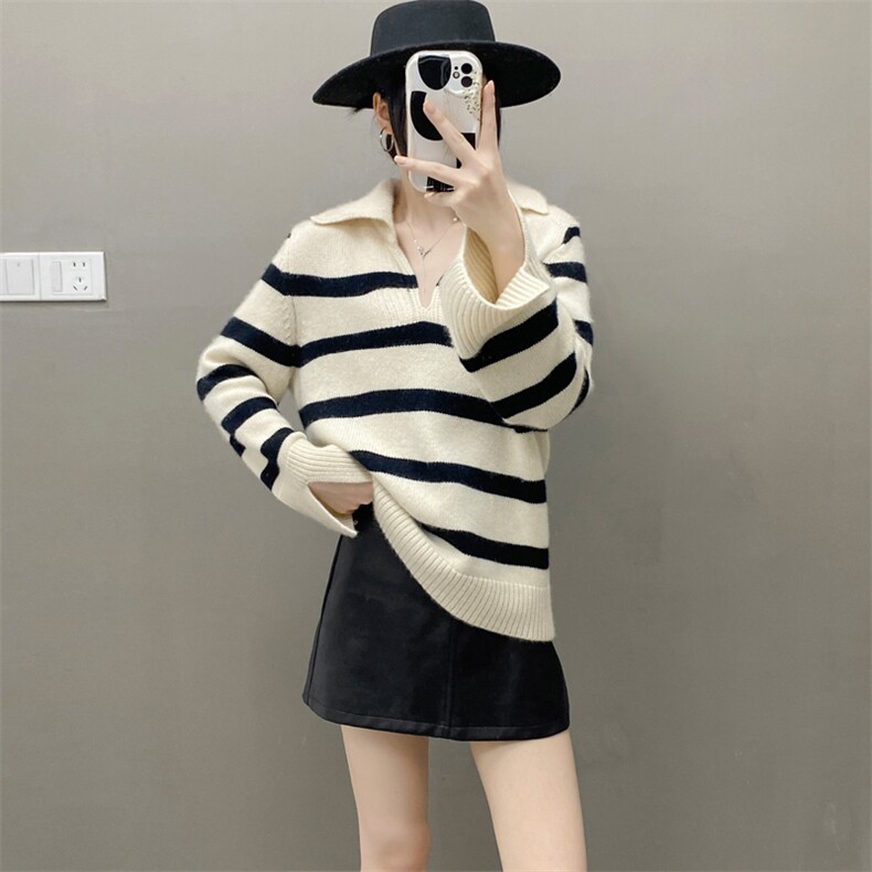 秋冬新款羊绒衫女海军领条纹宽松显瘦设计感廓形套头毛衣针织衫，女装羊绒衫，织绒羊