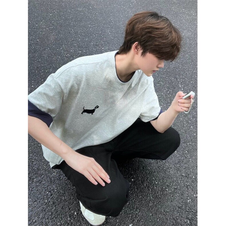 【有货】美式复古腊肠狗刺绣短袖t恤男情侣款TX6167-特P35,男装T恤,星座1007（原301D）
