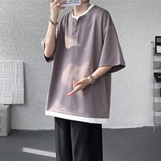 8XL-M重磅斜纹假两件短袖t恤男夏季薄款宽松大码半袖体恤DT006P45，男装T恤，电商B312