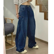 美式复古拼接做旧牛仔裤女秋冬宽松设计感高街休闲裤WL80088-p55，男装牛仔裤，星座1008