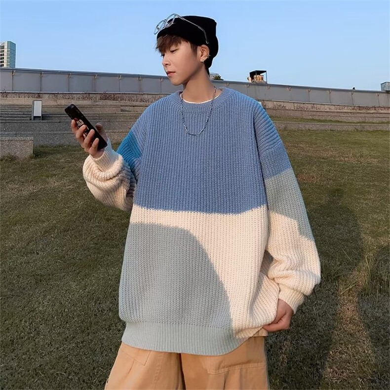 撞色毛衣男2023秋冬小众设计感时尚潮牌针织衫慵懒风线衣宽松外套,男装针织衫/毛衣,星座716-4