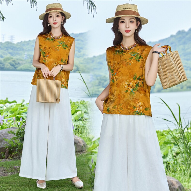 现货2026年夏季新中式上衣麻料阔腿裤子，可分开卖,女装套装/套裙,伊仟回