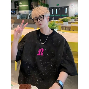 抖音得物供货 现货美式潮美式满天星 亮片潮牌宽松印花T恤AMTX03图片