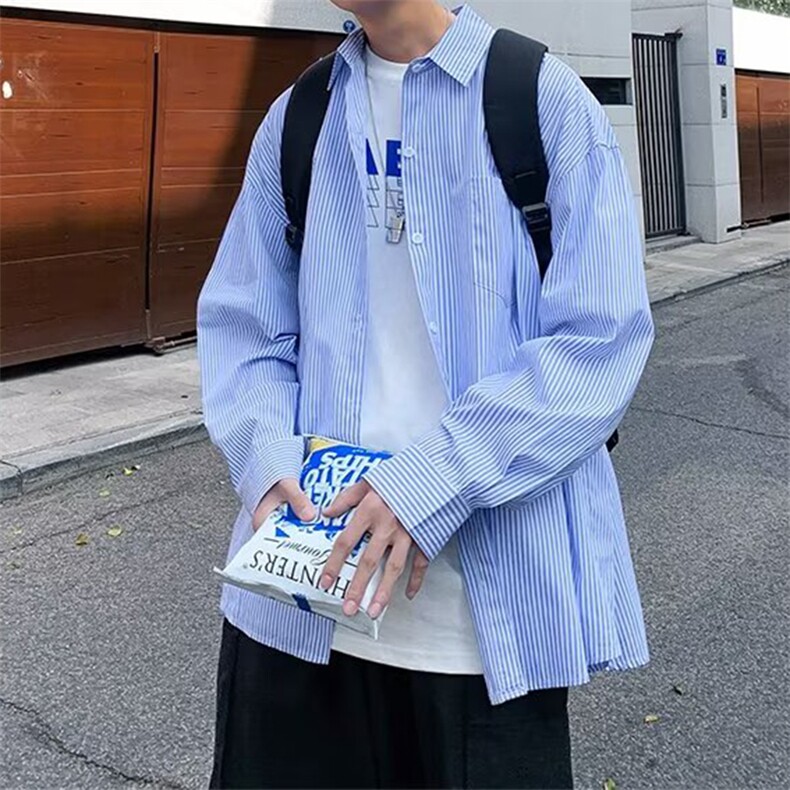 GS05P55日系宽松长袖衬衣潮男百搭韩条纹上衣防晒外套男图片