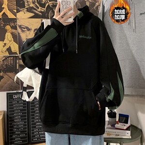 2021冬季新港风海报墙大码男加绒加厚连帽休闲卫衣W652-P55图片