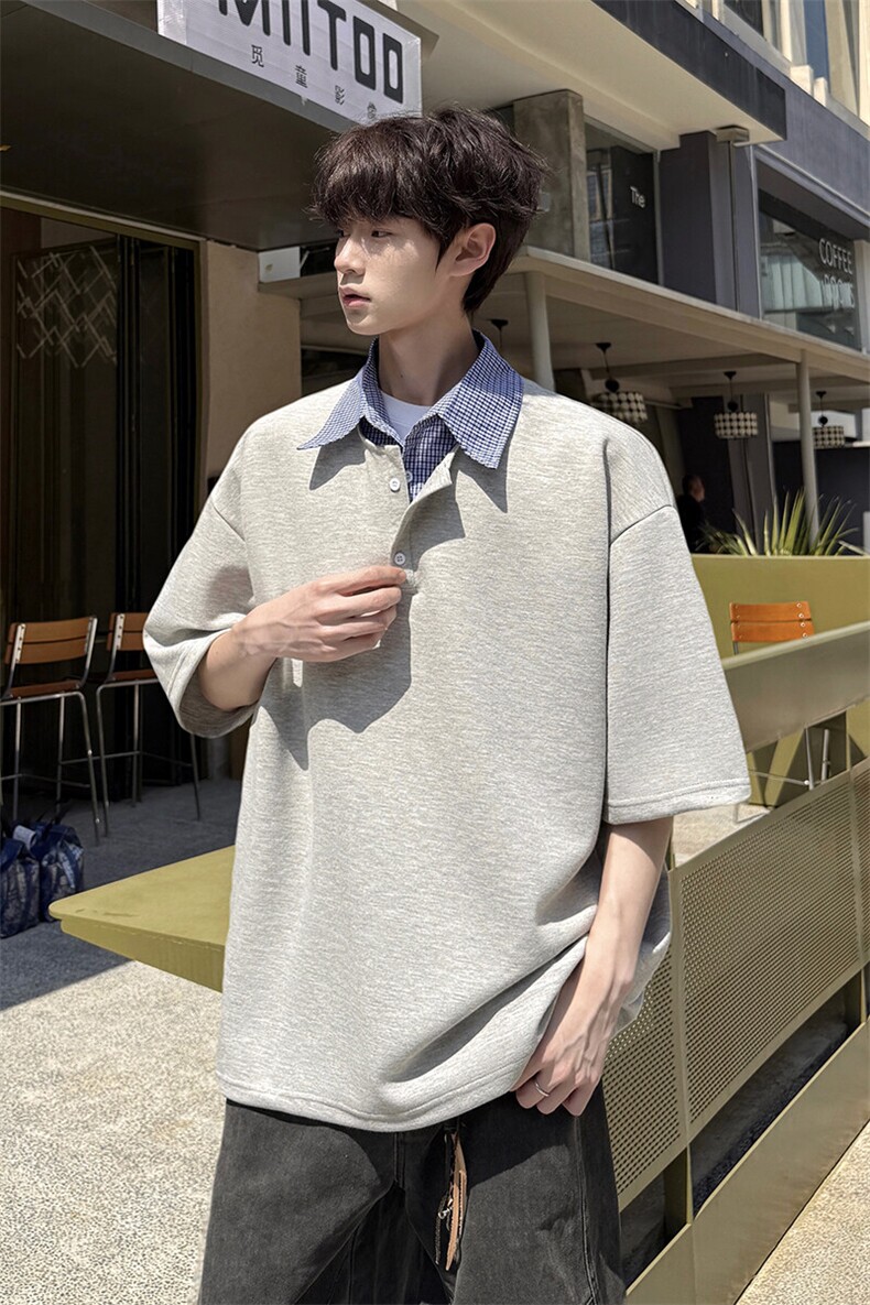 8XL-M格纹拼接假两件短袖t恤大码美式重磅polo翻领半袖DX1218/P48,男装T恤,电商B238