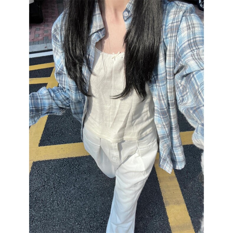 【有货】蓝色格子衬衫设计感高级长袖情侣衬衣美式复古C01LL-P45,男装衬衫,星座1007（原301D）