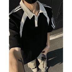 得物抖音高品二开240克纯棉美式高街痞帅翻领POLO织带短袖T恤，男装T恤，电商A486-1