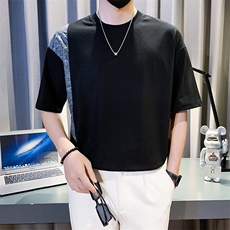 夏季短袖T恤男2025新款潮牌拼接圆领落肩袖体恤A313-8107-P55，男装T恤，电商A313