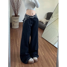 设计感腰头拼接豹纹牛仔裤裤子女款2025冬季新款加长直筒裤阔腿裤，男装牛仔裤，四季星座505
